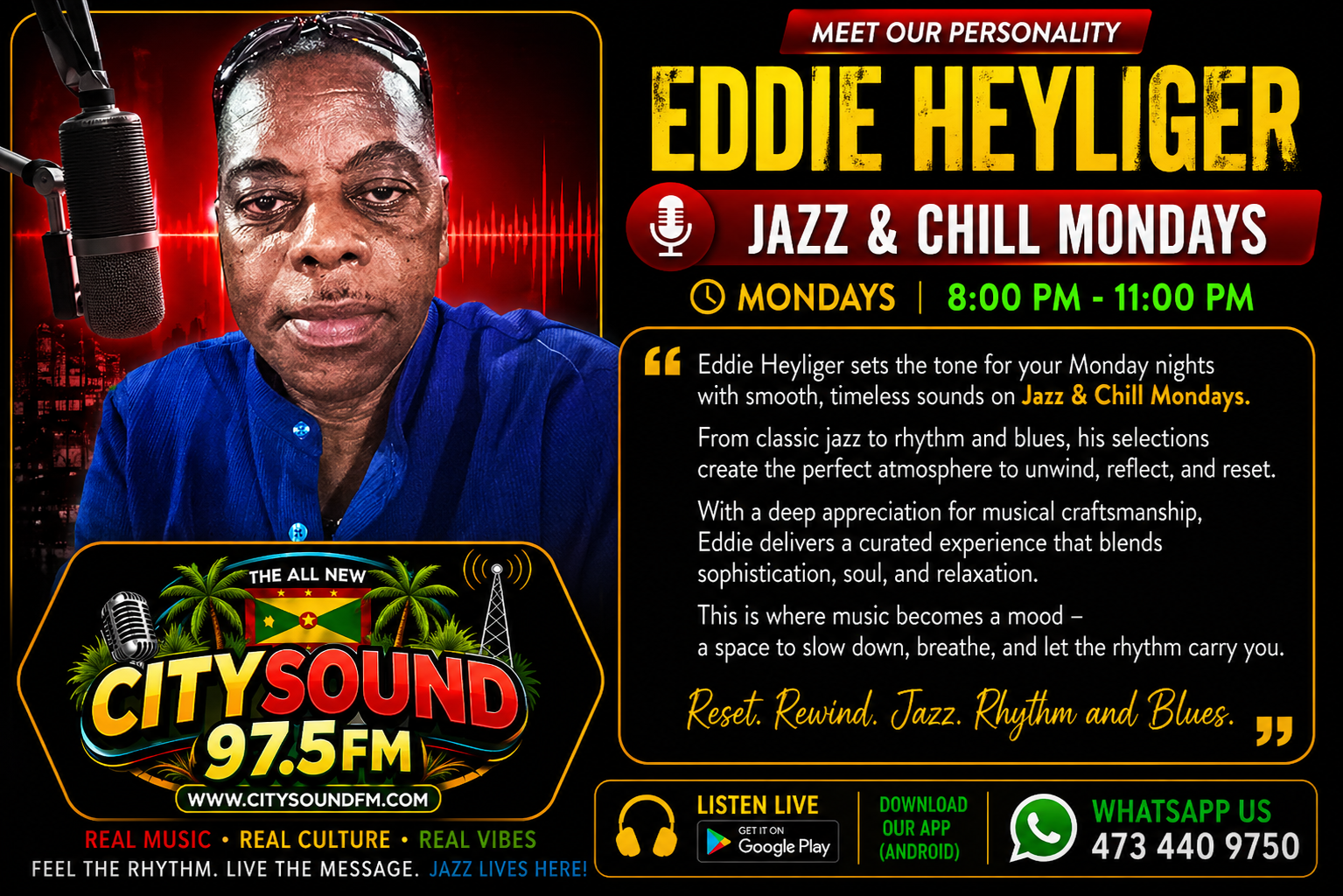 Eddie Heyliger, host of Jazz and Chill Mondays from 8 PM to 11 PM
